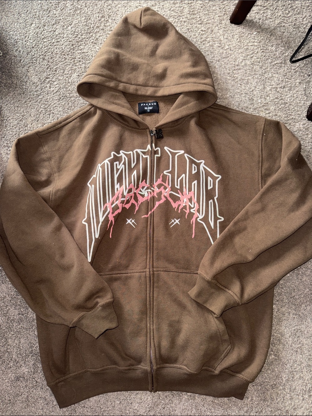 PacSun Brown Zip-Up Hoodie with White and Pink Graphic